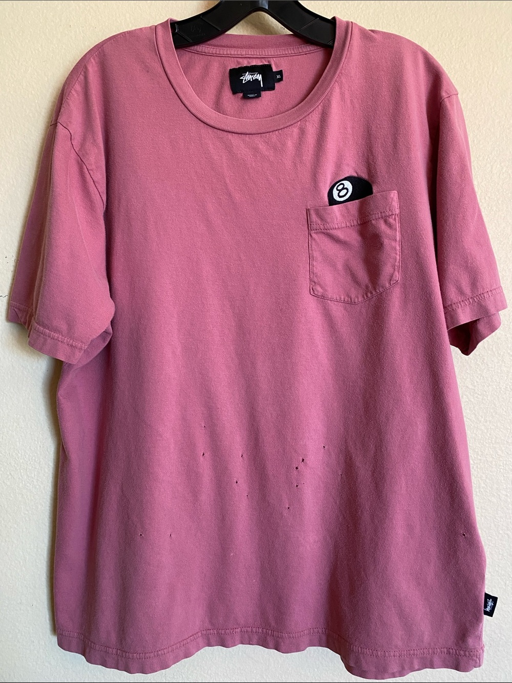 Stussy 8 Ball Pocket T-Shirt in Dusty Pink **distressed (see pics)**